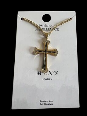 Believe by Brilliance Men's Gold-Tone Cross Necklace with Black Accents